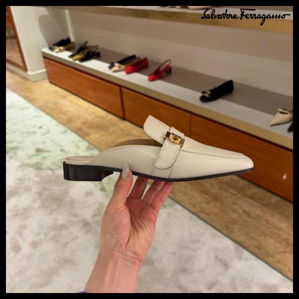【FERRAGAMO】MAVIRA 20 GANCINI LEATHER MULE CLOGS IVORY