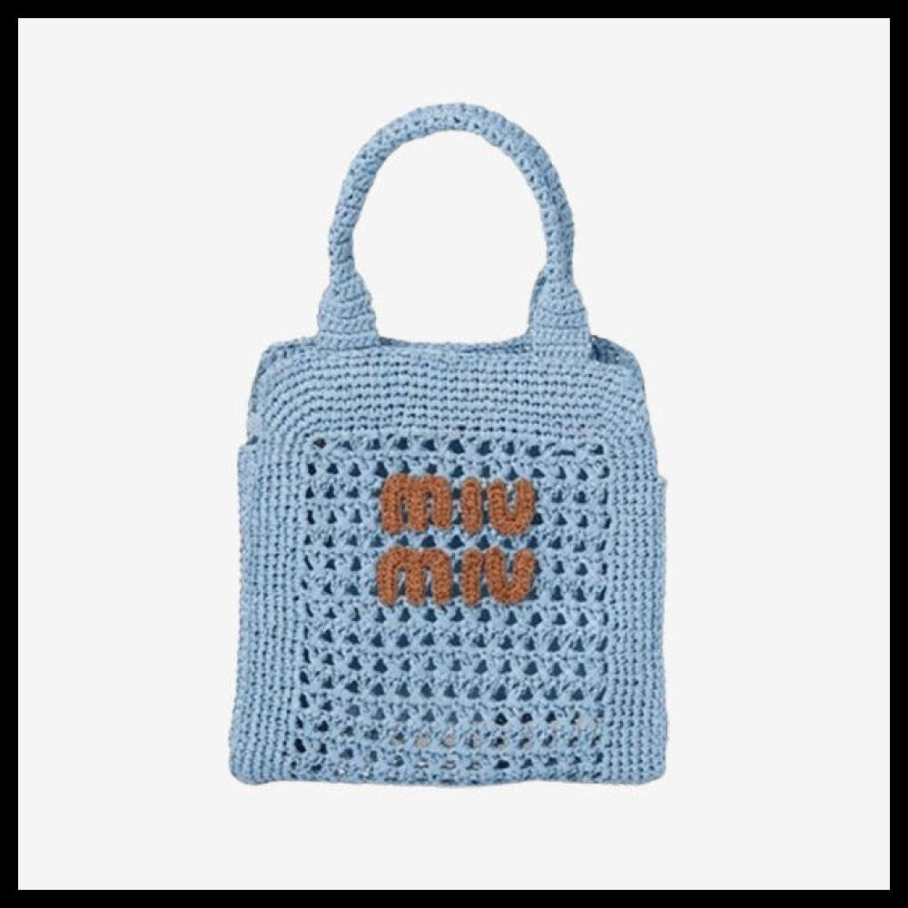 【MIU MIU】Raffia Crochet Tote Bag Celeste Cognac Women's