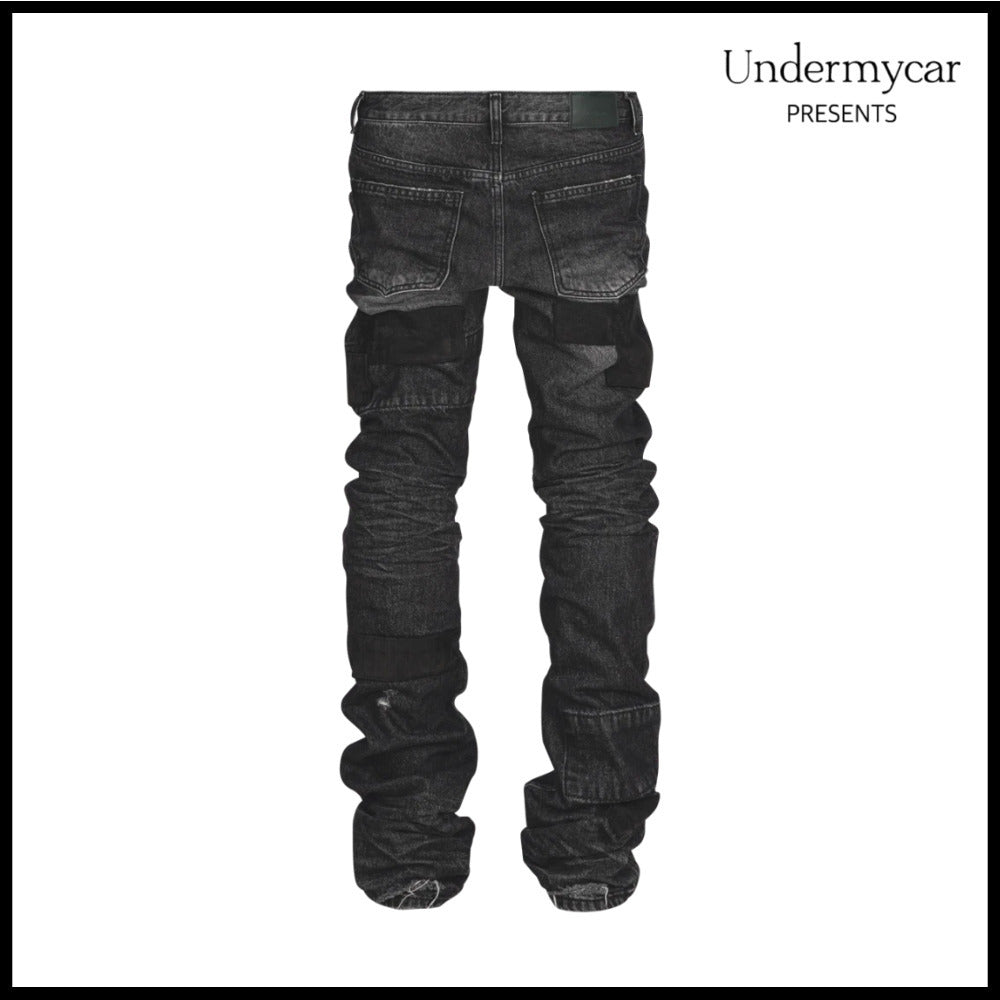 【Undermycar】Notre Dame Patched Grunge Slim Jeans Washed