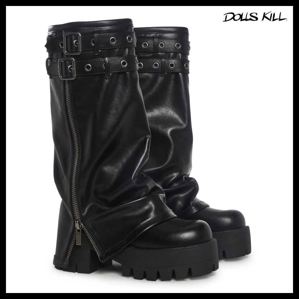 ◆DOLLS KILL◆DARKER WAVS Warp Knee High Pant Boots Black