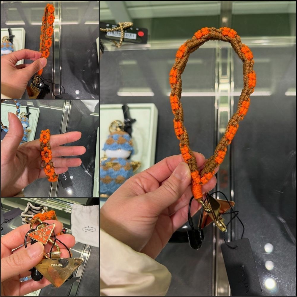 【Prada】Triangle Logo Crochet Flower Strap Keyring Orange