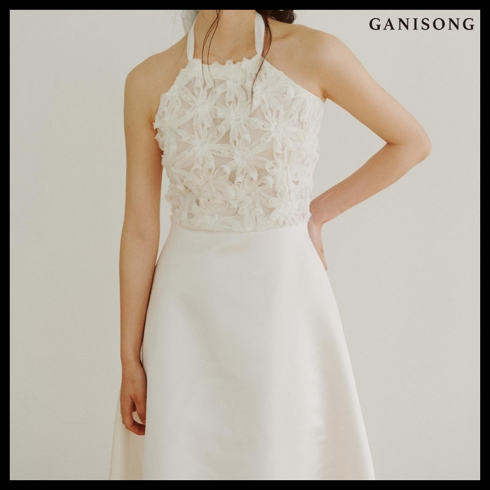 【GANISONG】Bridal Fluffy Rose Halterneck Dress White