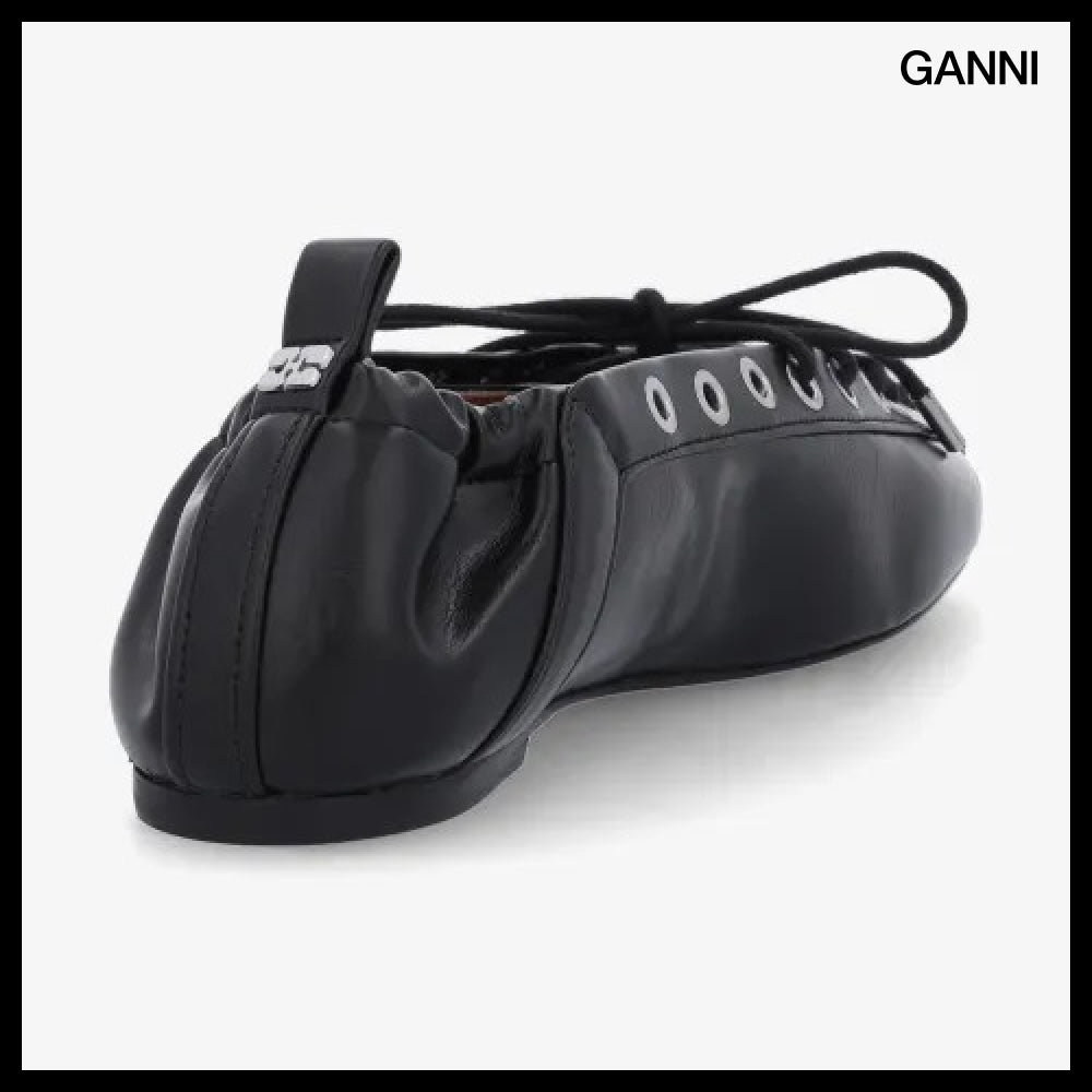 【Ganni】Eyelet Lace Up Ballerina Flat Shoes Black