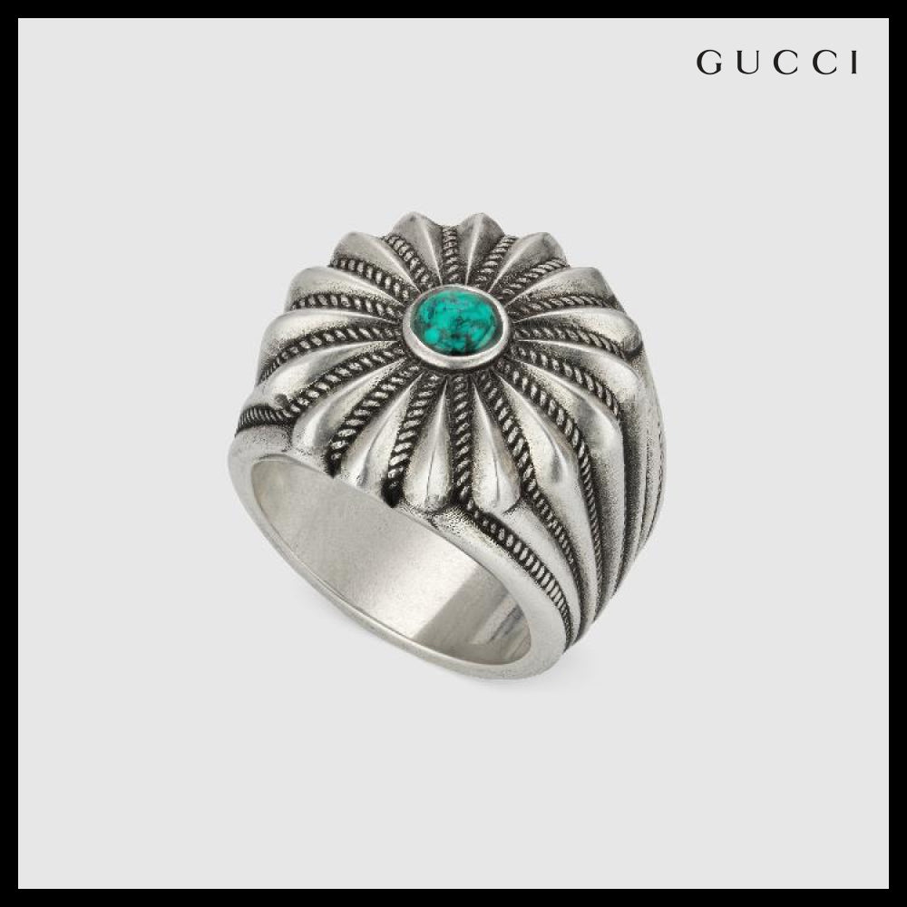 【GUCCI】Engraved Flower Sterling Ring Turquoise