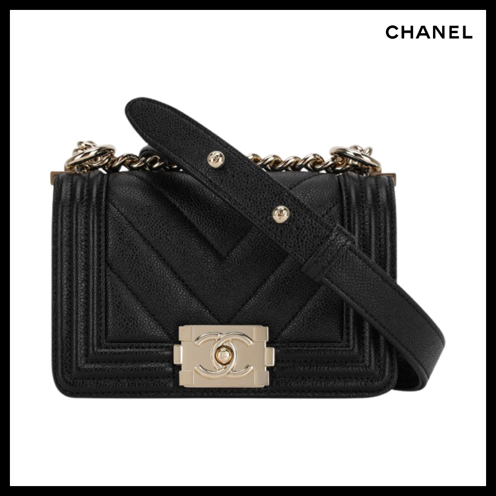 【CHANEL】Mini Boy Handbag Grained Calfskin & Gold Black