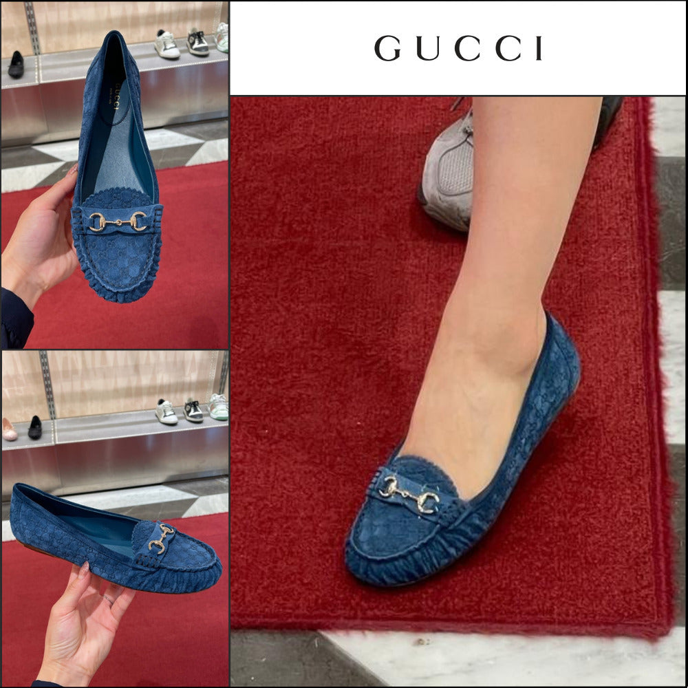 【GUCCI】Kensington GG Horsebit Suede Ballerina Flats Blue