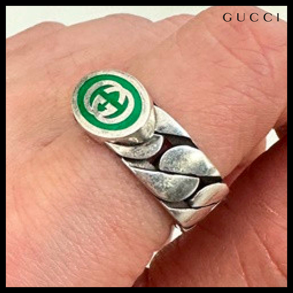 【GUCCI】Interlocking Enamel Chain Ring Green