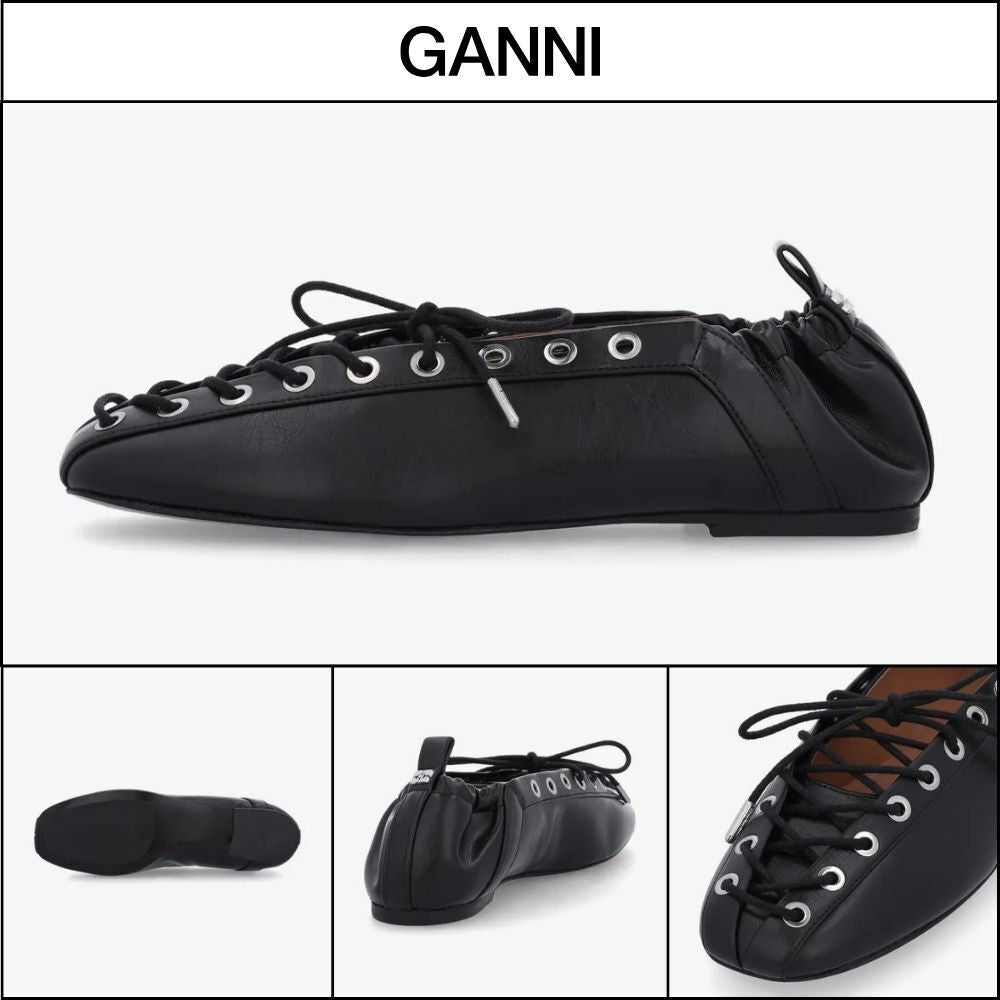 【Ganni】Eyelet Lace Up Ballerina Flat Shoes Black