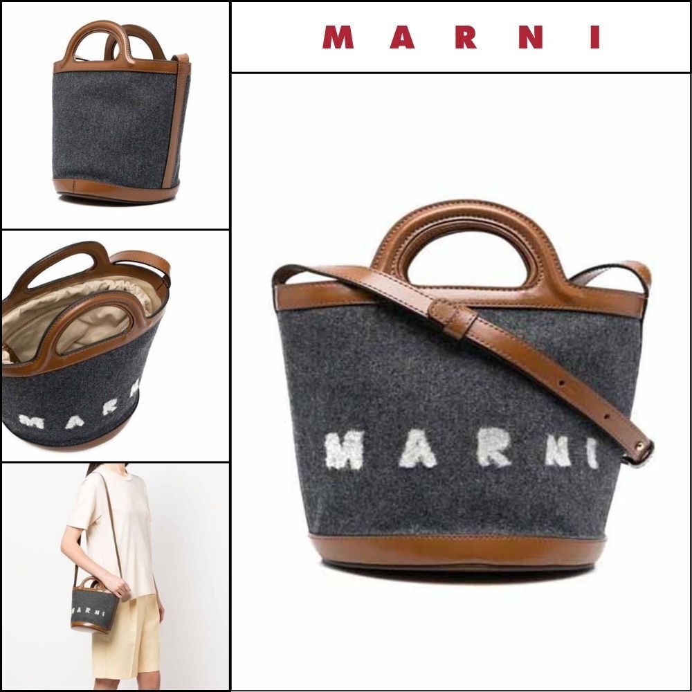 【MARNI】Felt Logo Mini Bucket Bag Dark Grey Mocha Women's
