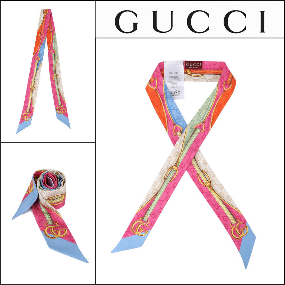 【GUCCI】Belt Print Silk Neck Bow