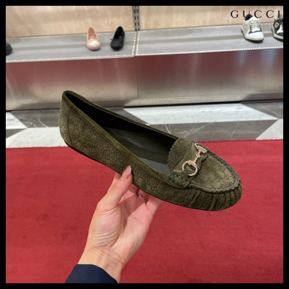 【GUCCI】Kensington GG Horsebit Suede Ballerina Flats Khaki