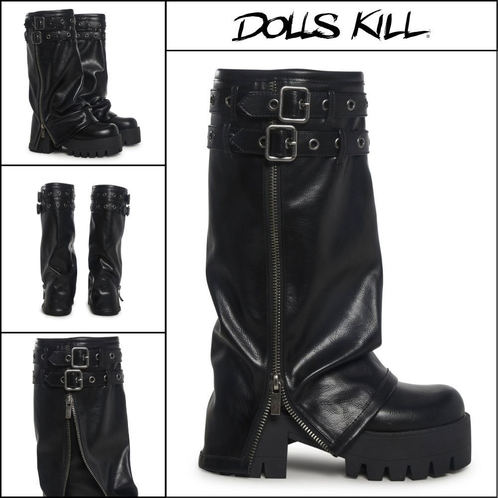 ◆DOLLS KILL◆DARKER WAVS Warp Knee High Pant Boots Black