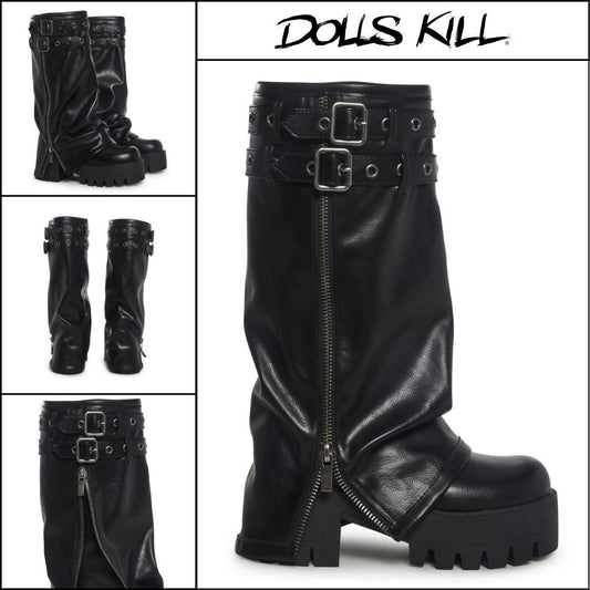 ◆DOLLS KILL◆DARKER WAVS Warp Knee High Pant Boots Black