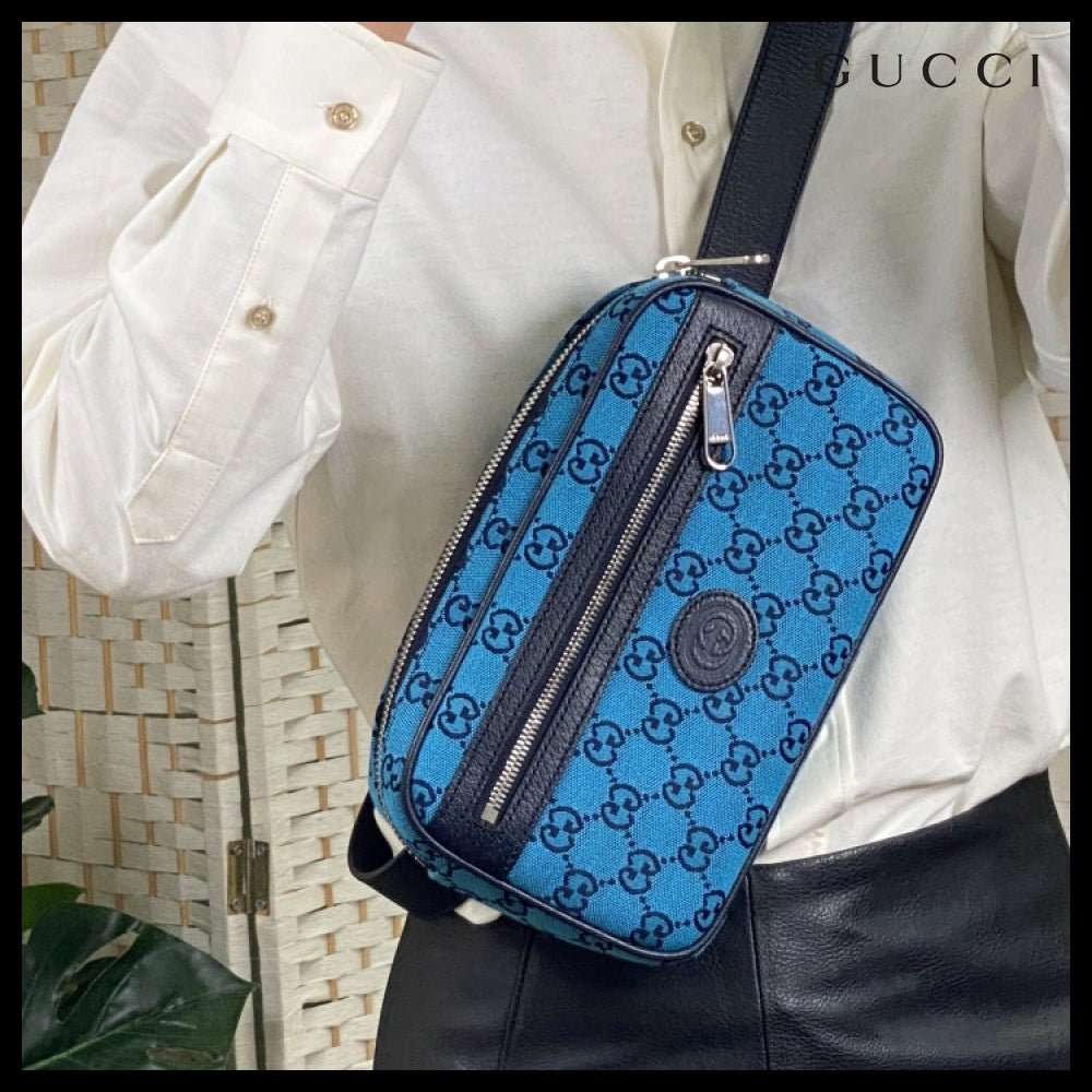 【GUCCI 】New Canvas GG Pattern Belt Bag BLUE