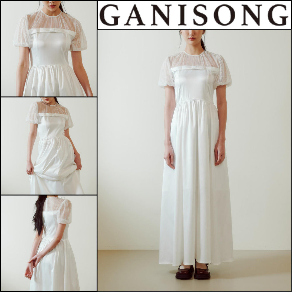 【GANISONG】Bridal Sheer Ribbon Line Dress White