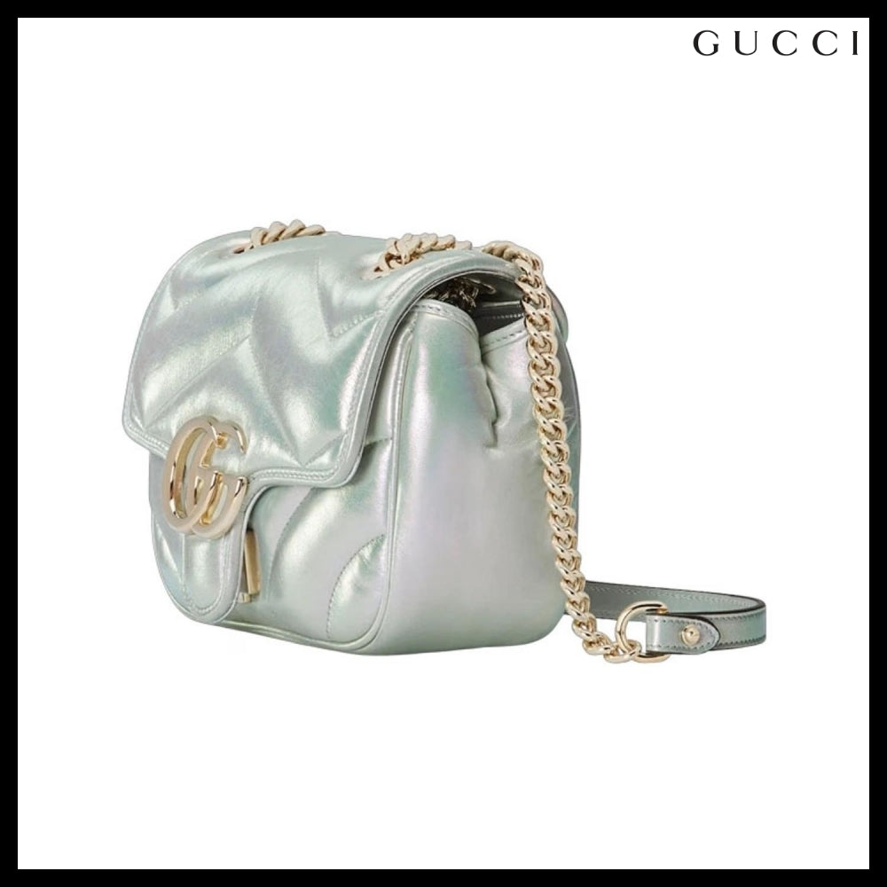 【GUCCI】GGMarmont2ChevronQuiltedNappaFlapBagIrideSalvyGreen