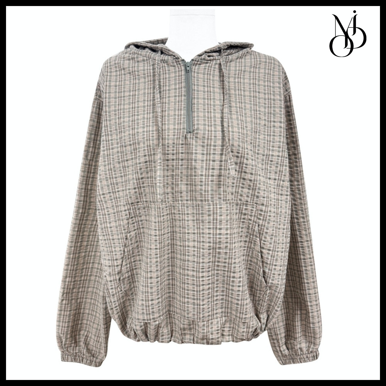 【MODIMOOD】Bay Check Windbreaker Hoodie Half Zip-Up 4Colors