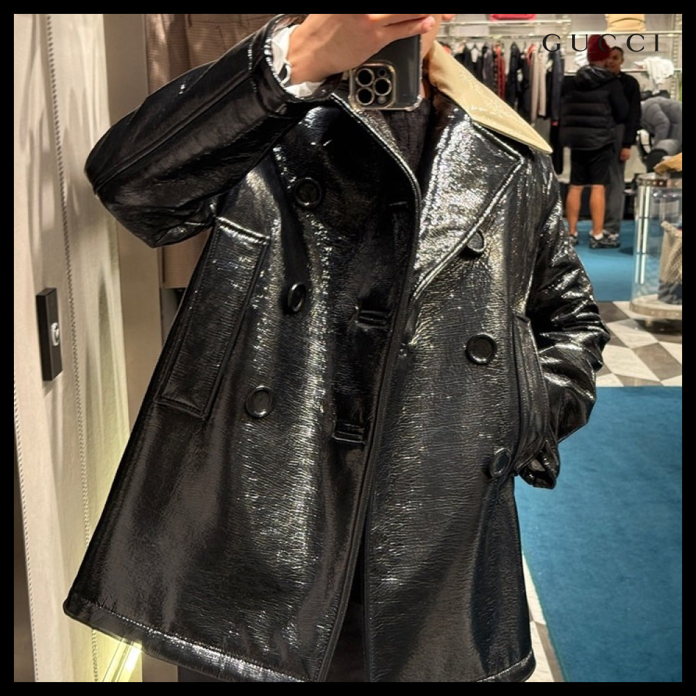 【GUCCI】Embossed Logo Wool Peacoat Black