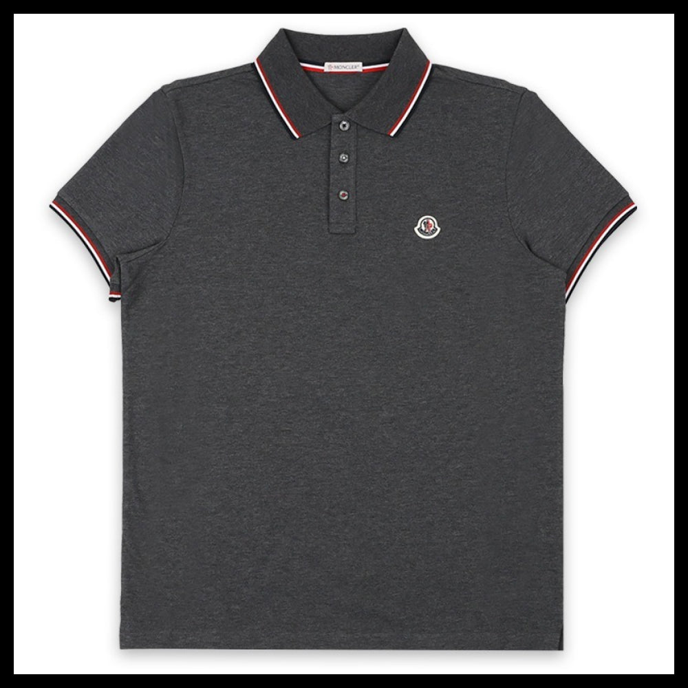 【MONCLER】Stripe Collar Logo Patch Polo Shirt Dark Grey