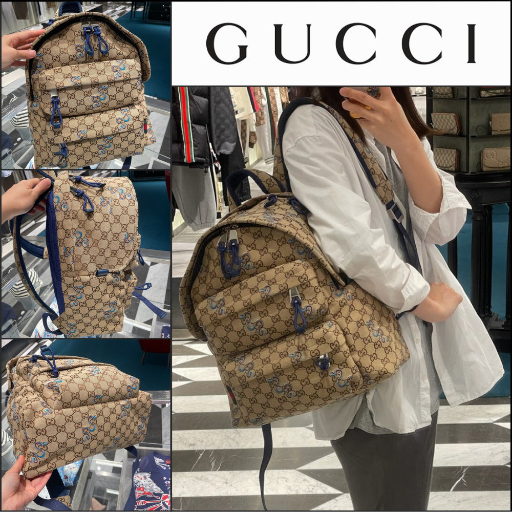 【GUCCI】GG Snake Canvas Medium Backpack Beige Ebony