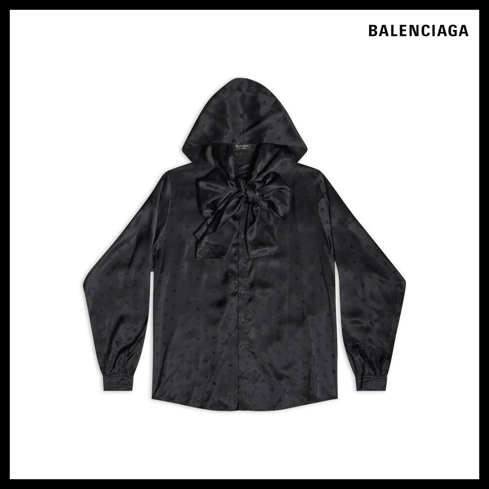【BALENCIAGA】Logo Letters Allover Hooded Blouse Black