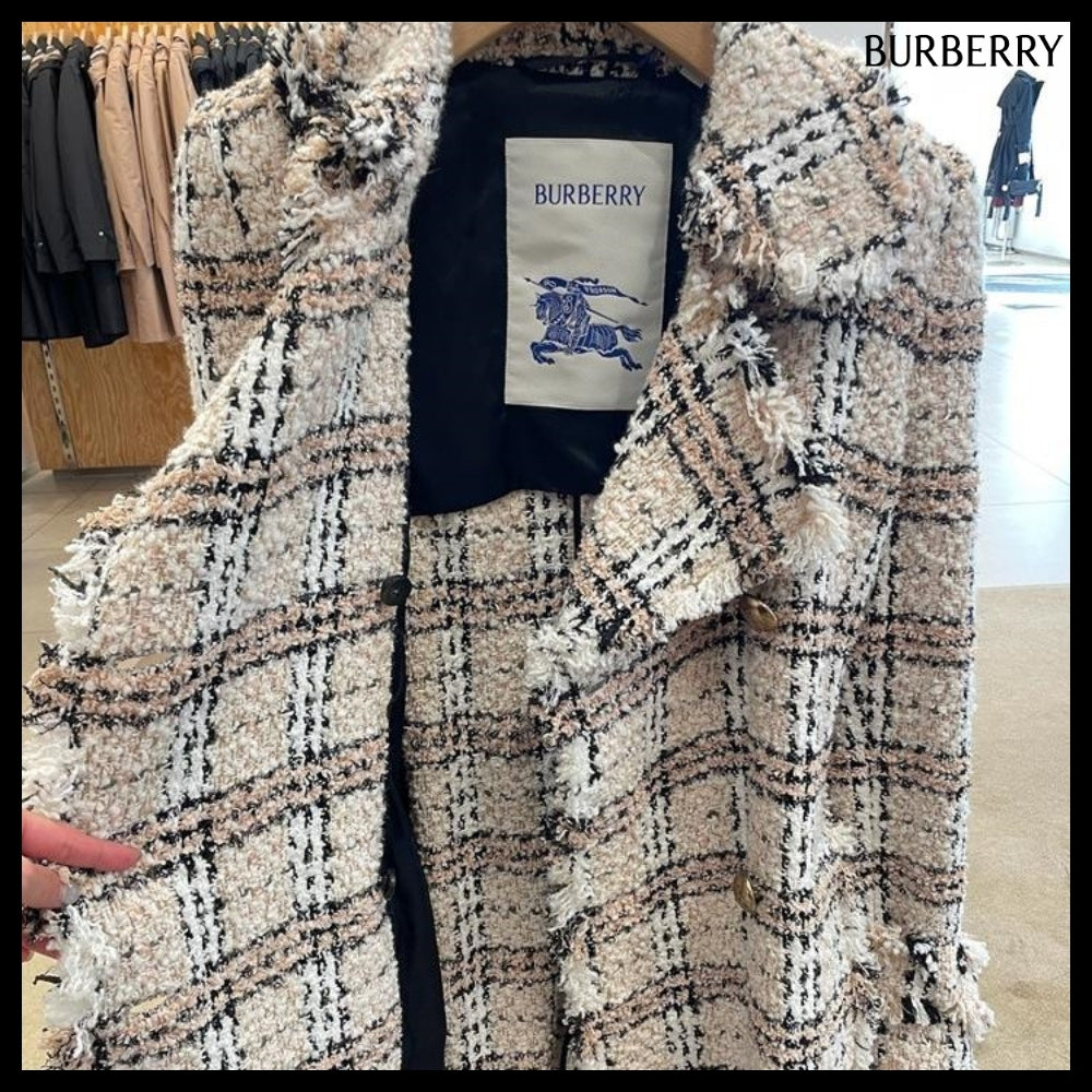 【Burberry】Check Boucle Belted Long Coat String Fossil