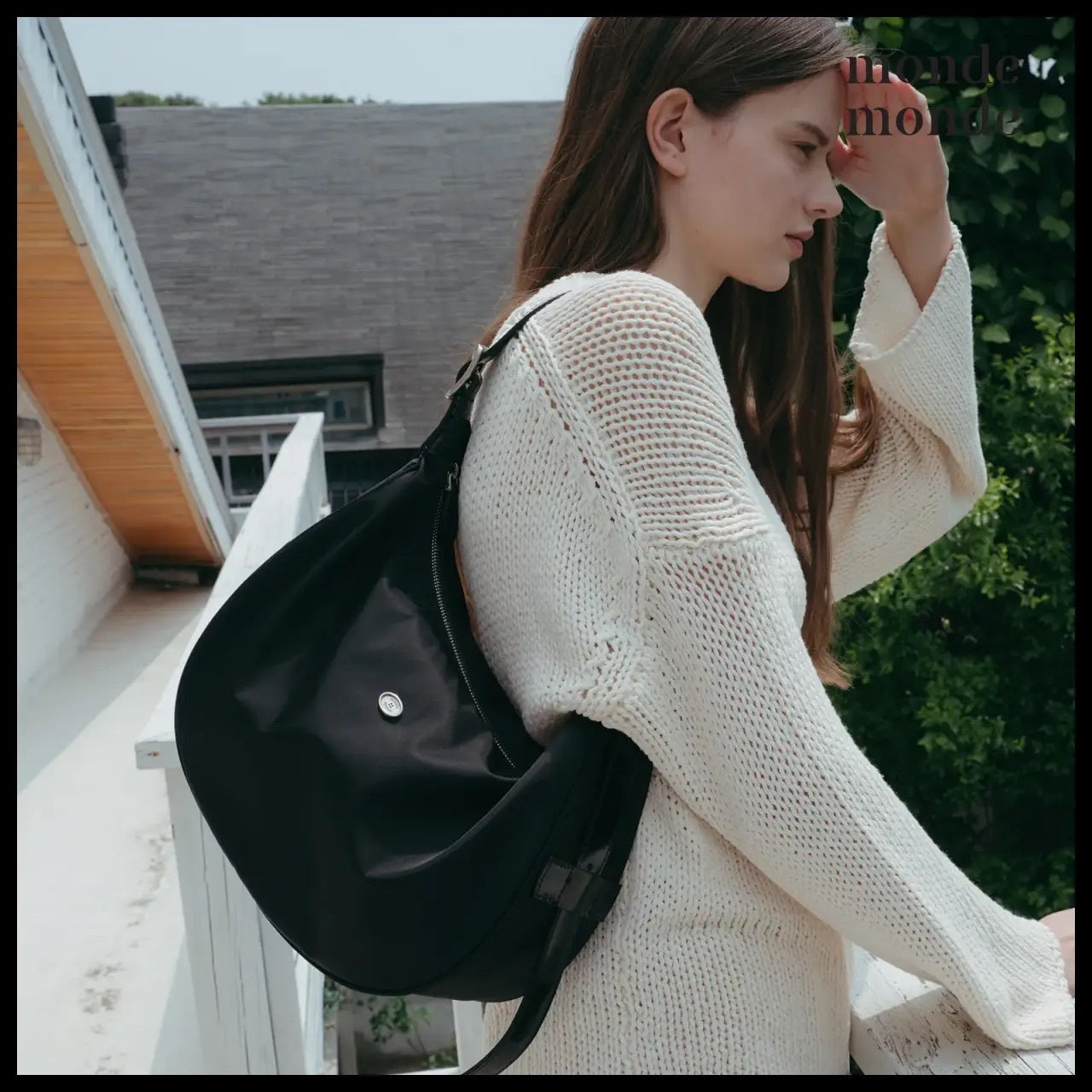 【monde monde】Classic Button Half Moon Nylon Bag (2 Colors)