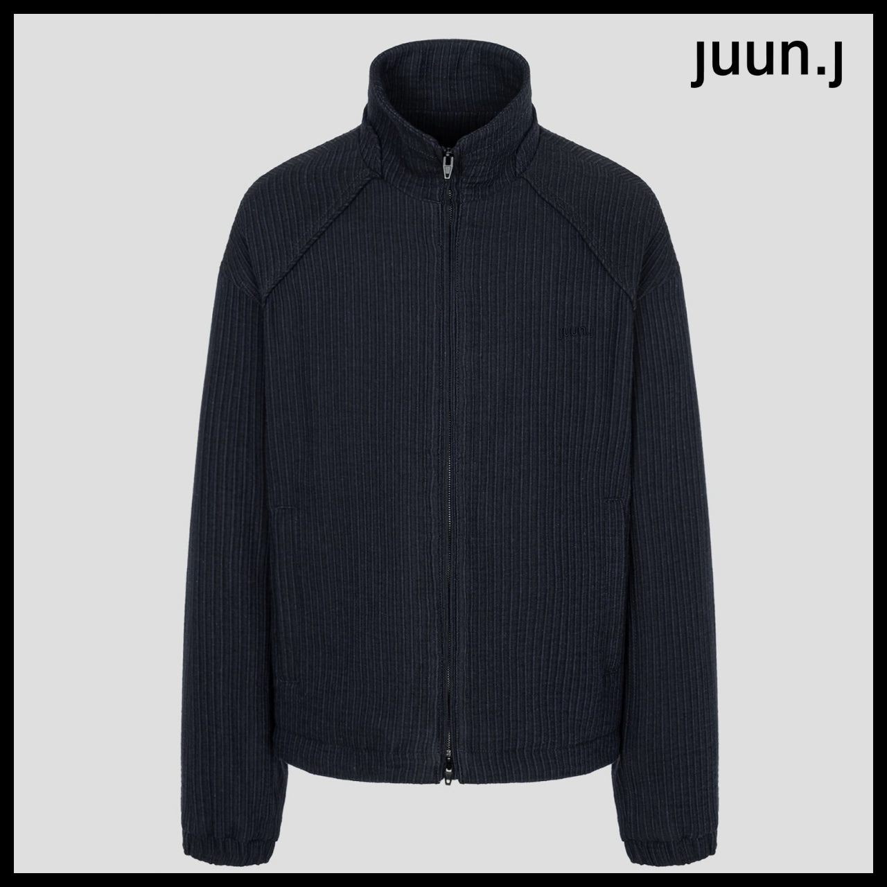 【JUUN.J】Blended Cotton Stripe High Neck Zip-Up Navy