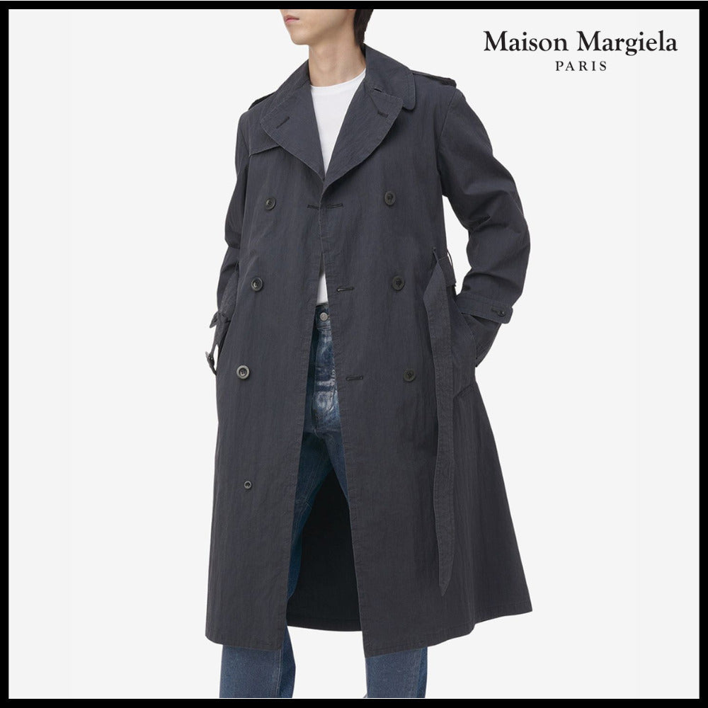 【Maison Margiela】Double Breasted Trench Coat Dark Blue