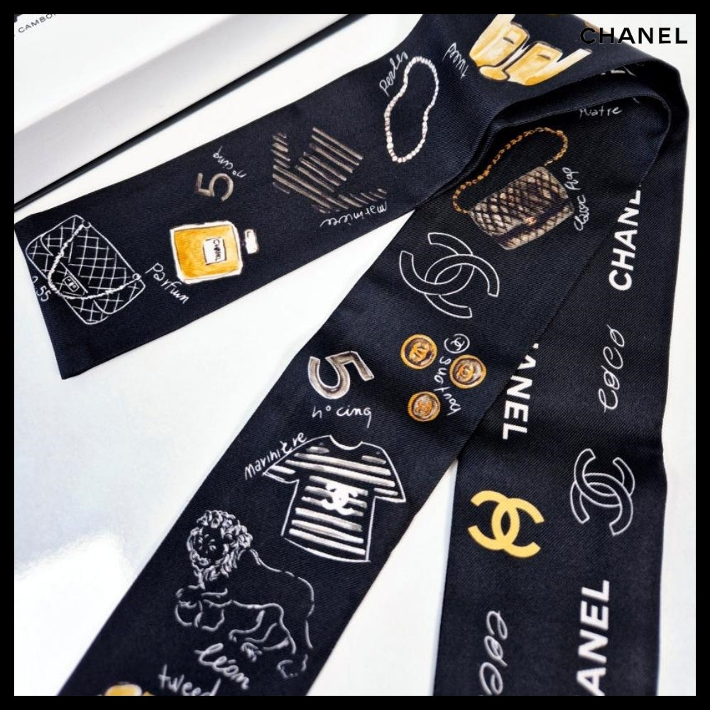 【CHANEL】24P CC Logo Signature Printed Silk Twilly Bandeau