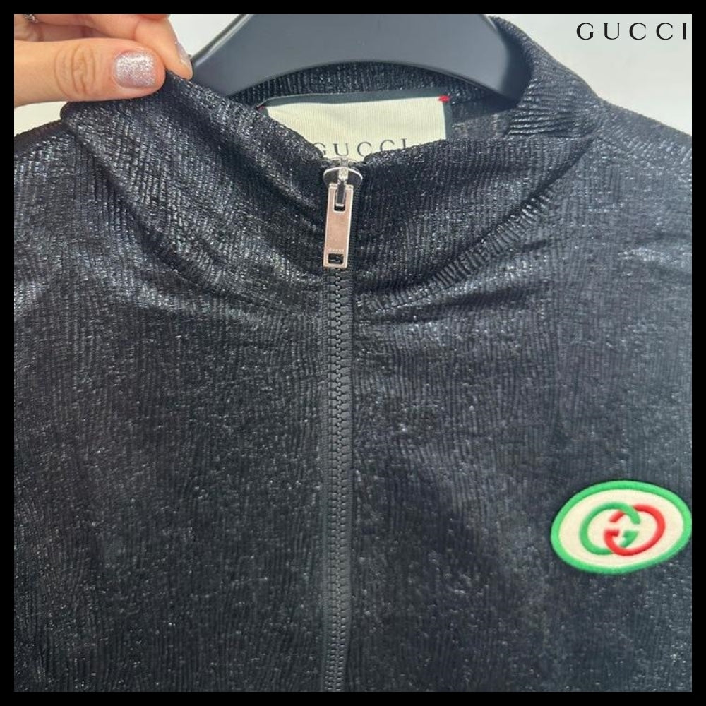 【GUCCI】Interlocking Patch Metallic Two-Tone Zip-Up Jacket