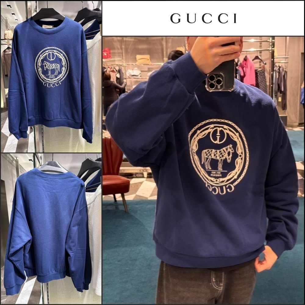 【GUCCI】Horse Embroidered Cotton Crewneck Sweatshirt Inchio