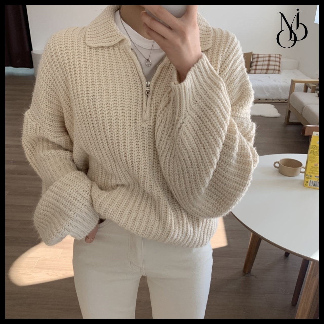 【MODIMOOD】Puff Sleeve Loose Fit Half Zip-Up Collar Knit