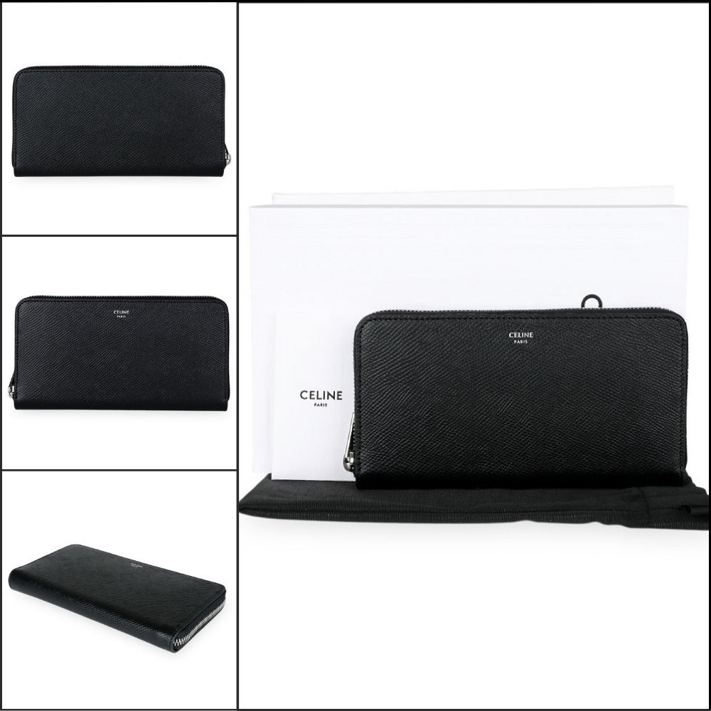 【CELINE】 Women Grained Large Zip Long Wallet Black
