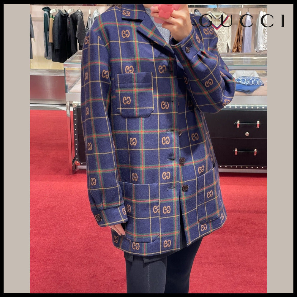 【GUCCI】GG Check Pattern Wool Single Jacket Blue