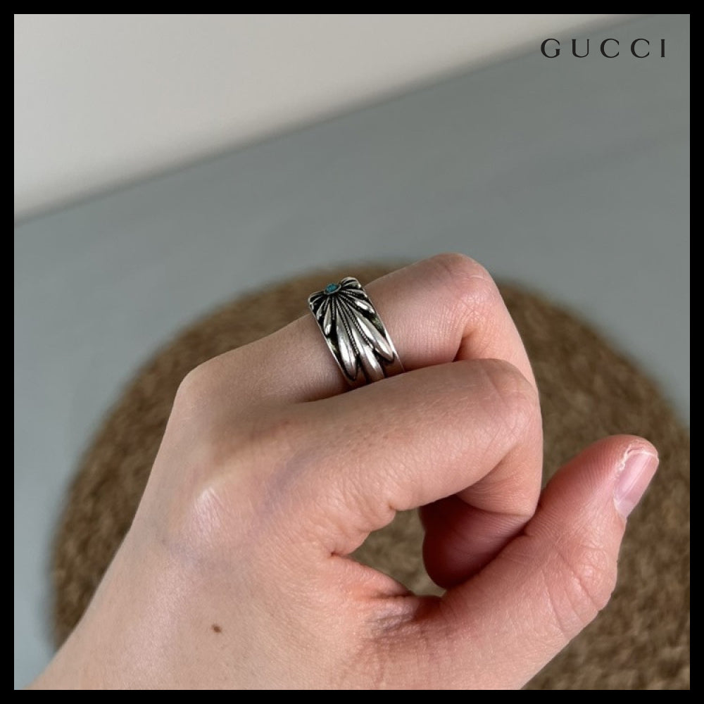 【GUCCI】Interlocking G Engraved Flower Sterling Ring Silver