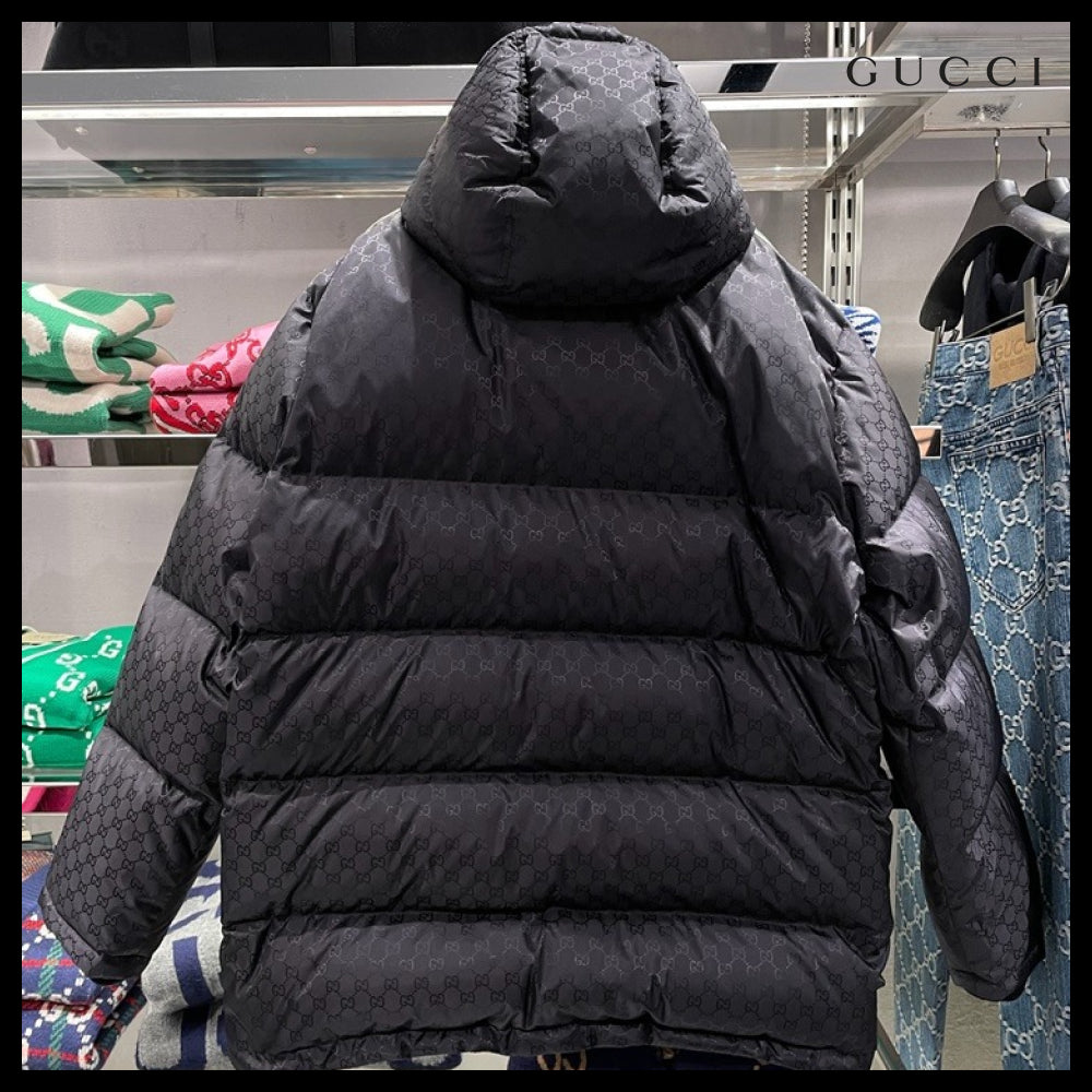 【GUCCI】Web GG Jacquard Goose Down Puffer Jacket Black