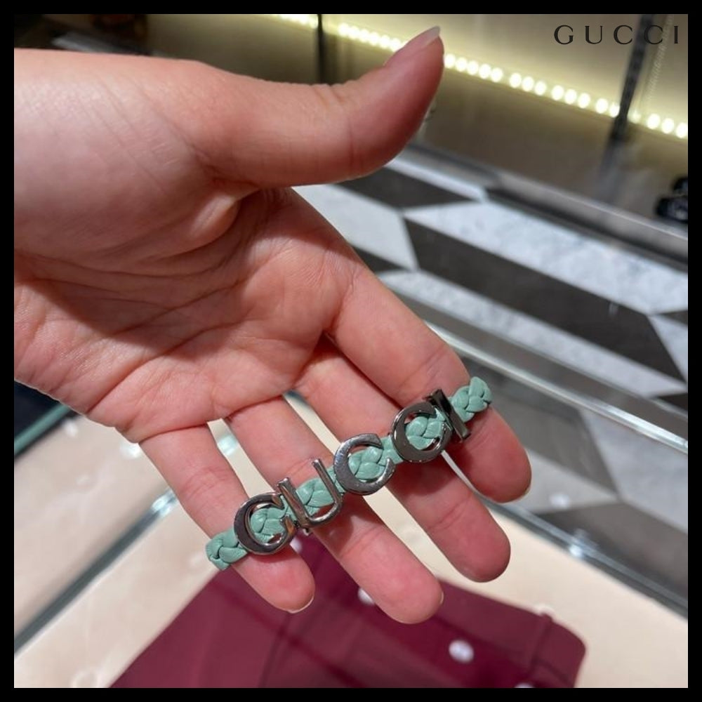 【GUCCI】Silver Metal Logo Leather Buckle Bracelet MintGreen