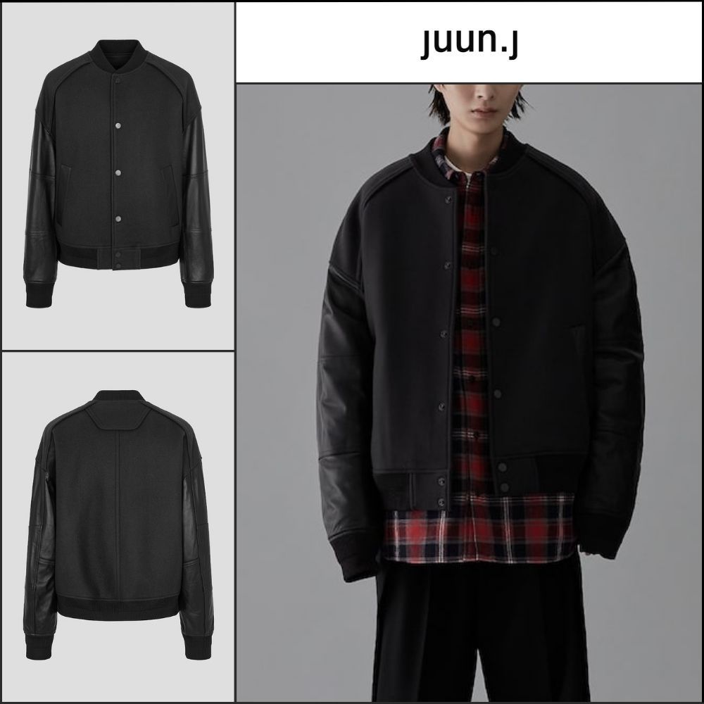 【JUUN.J】Leather Sleeve Varsity Jumper Gray