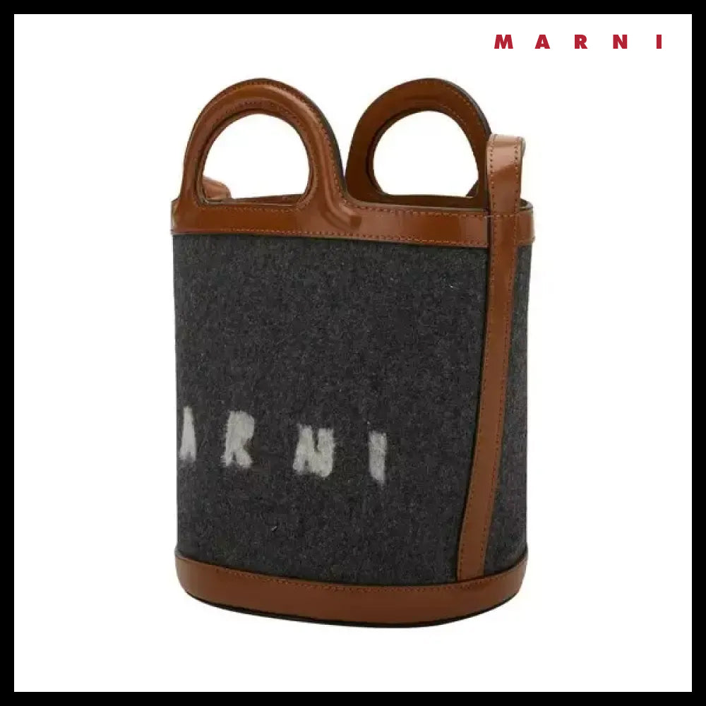 【MARNI】Women’s Logo Dark Grey Mocha Bucket Bag logo