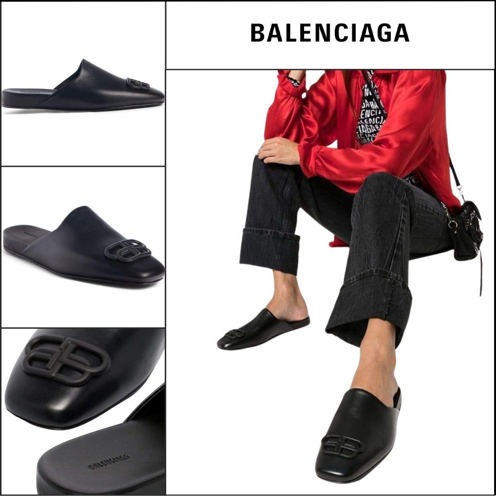【Balenciaga】Black BB Logo Leather Slipper Shoes