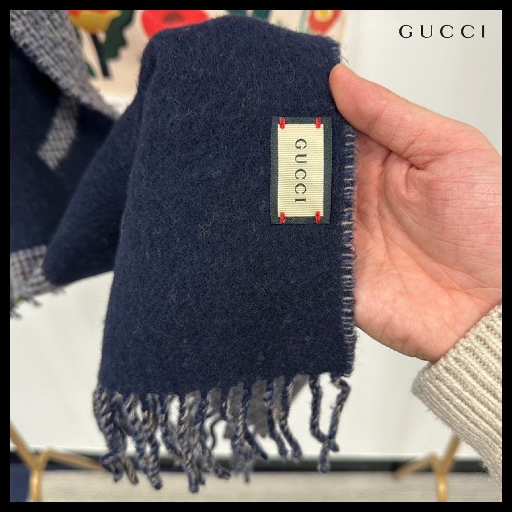【GUCCI】Logo Jacquard Reversible Wool Blend Scarf Navy Grey