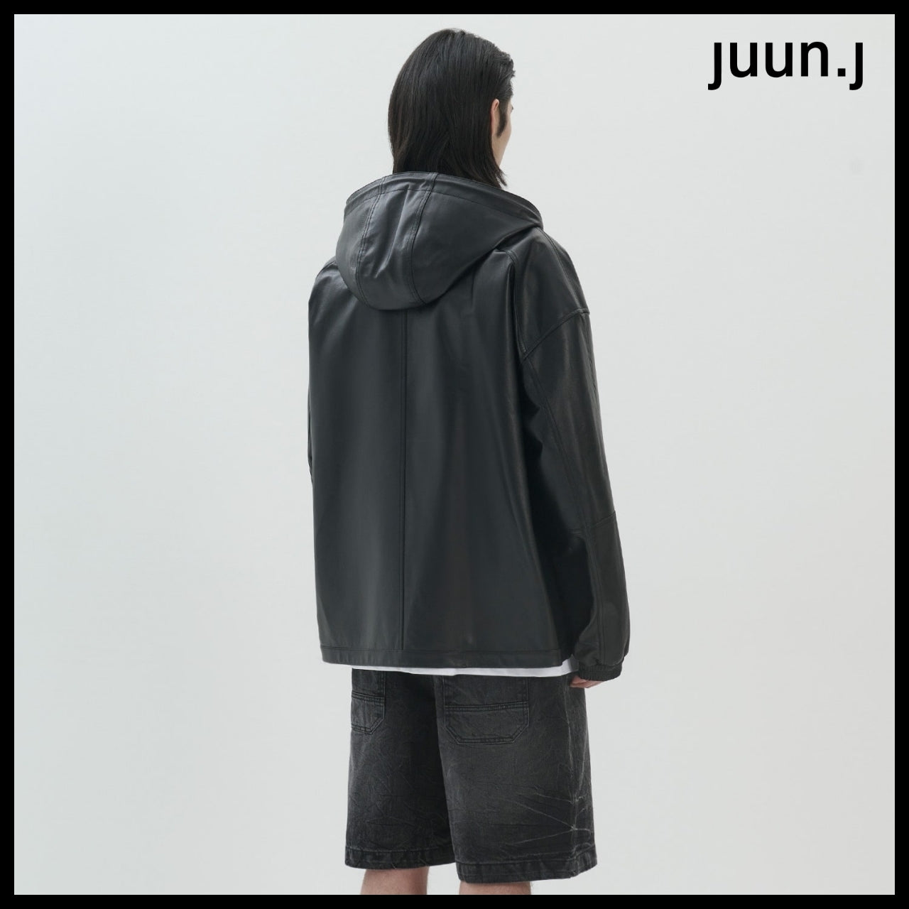 【JUUN.J】Leather Hood Zip-Up Jumper Black