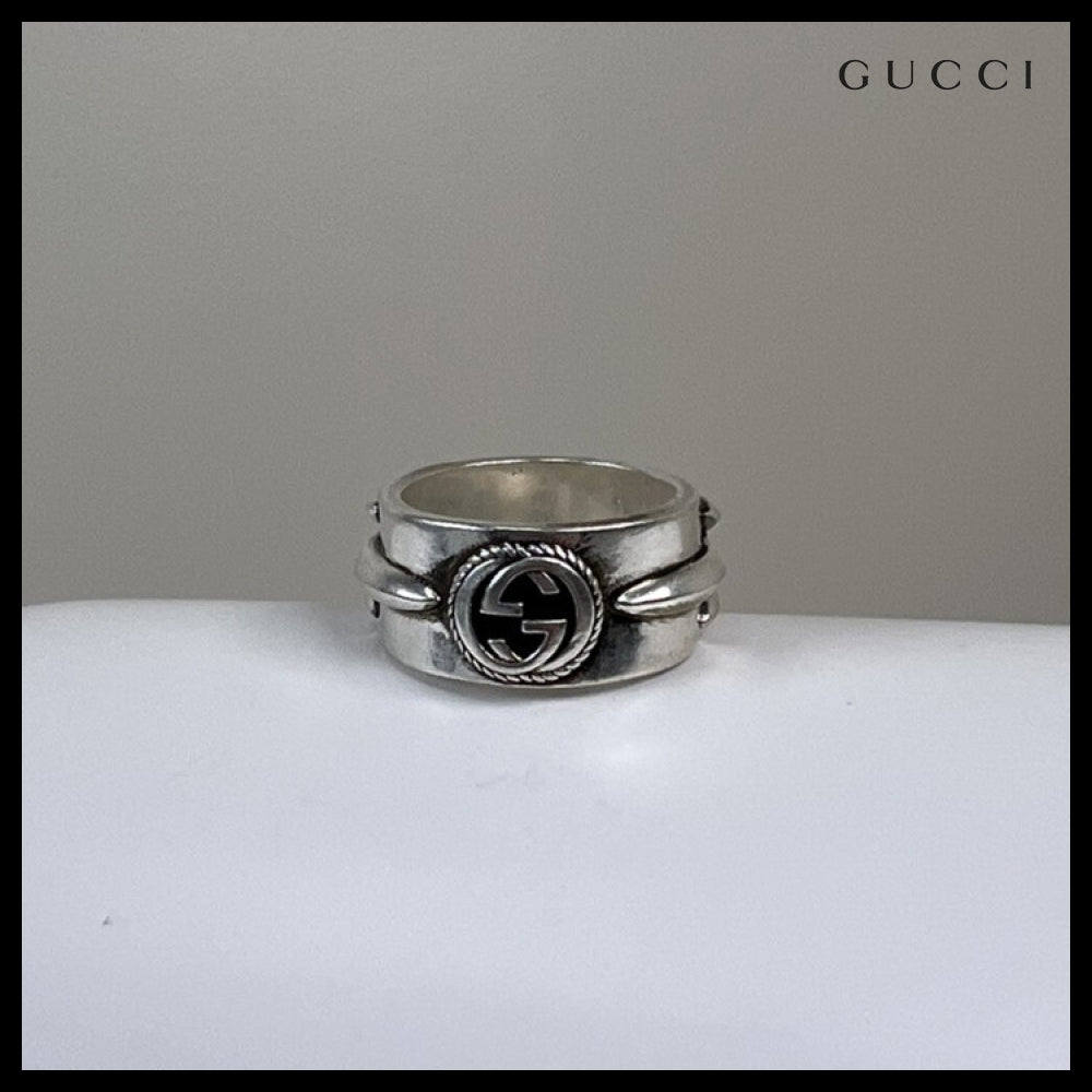 【GUCCI】Interlocking G Engraved Flower Sterling Ring Silver