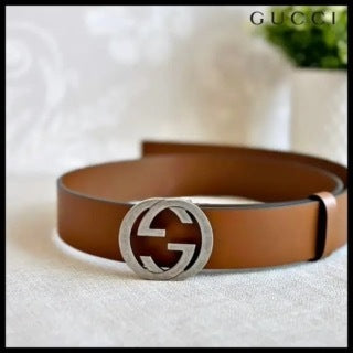 【GUCCI 】GG Interlocking Buckle Leather Belt CUIR