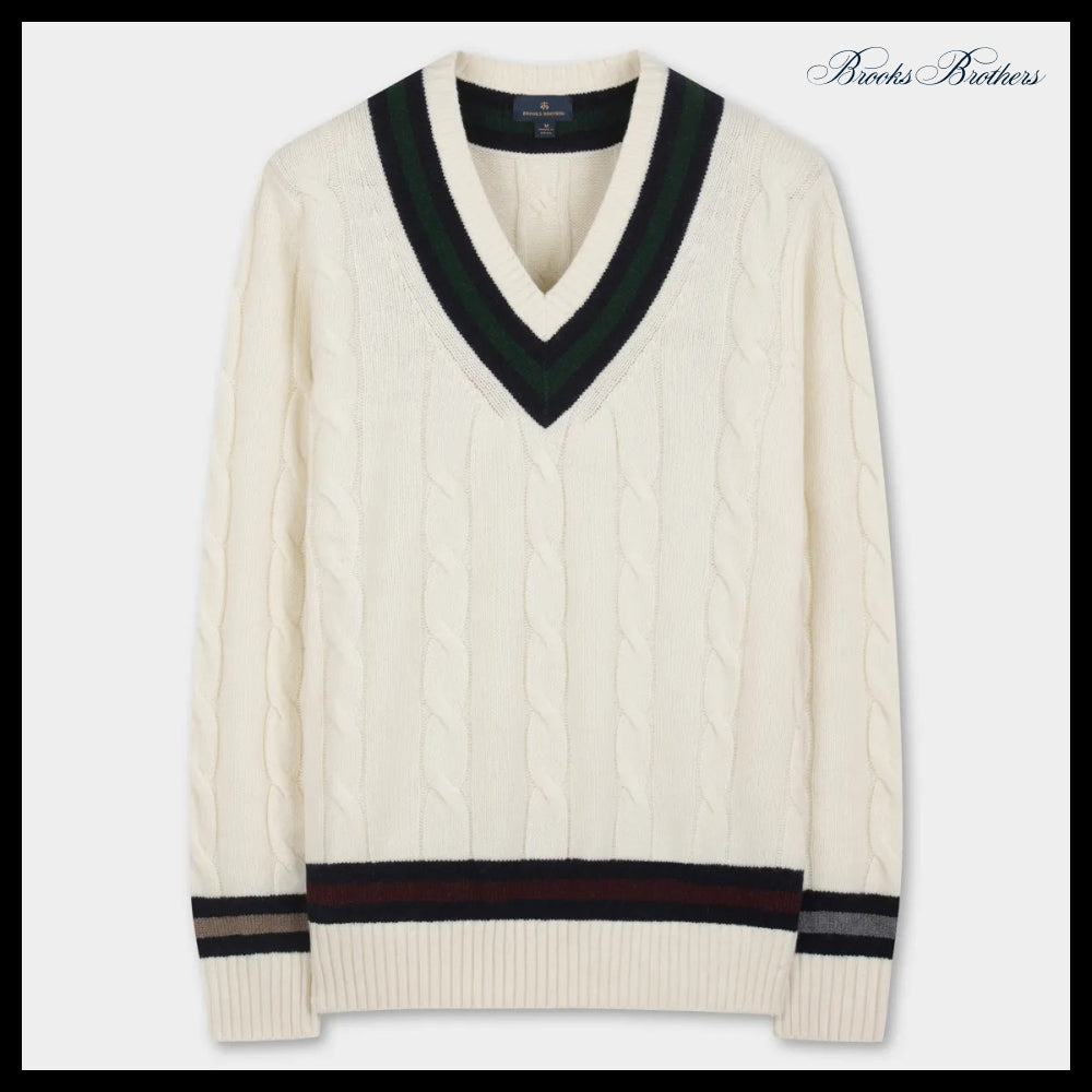 【Brooks Brothers】Wool Tennis Cable V-Neck Sweater Ivory