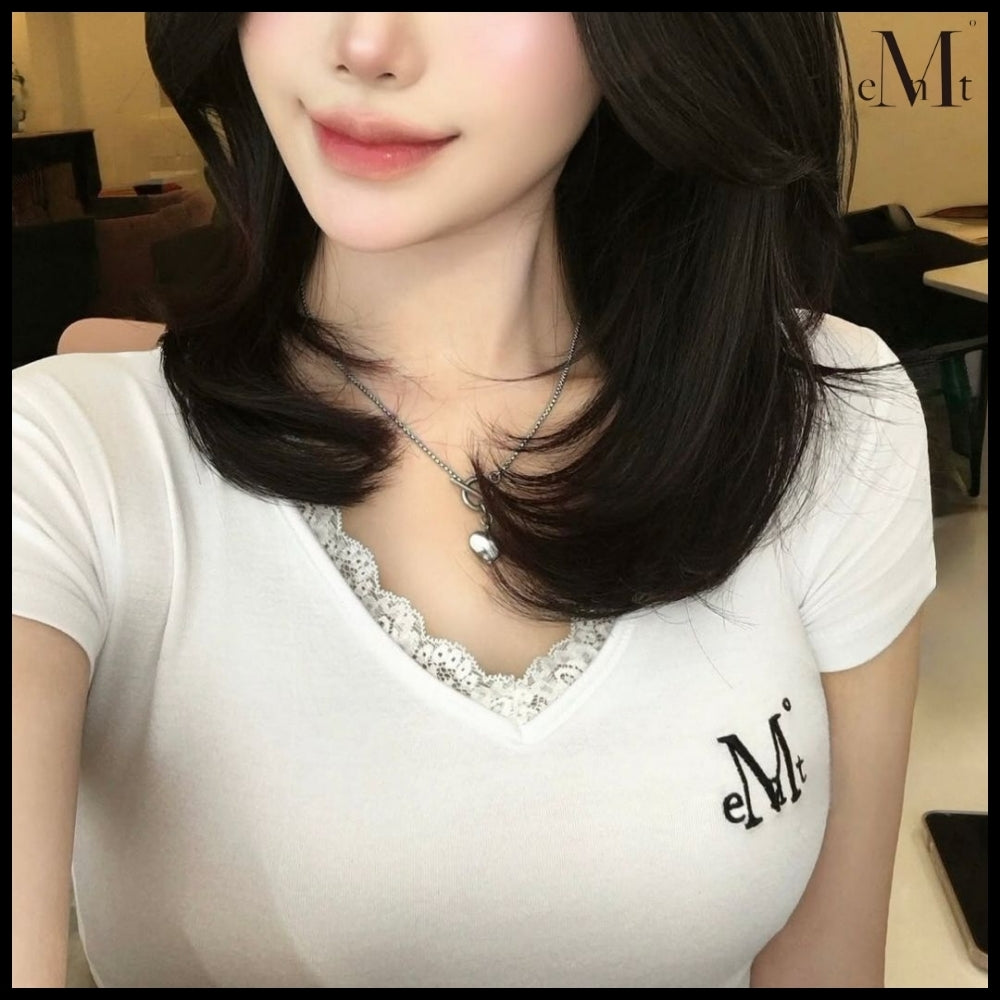 【MUCENT】Sunnier Lace V-Neck Short Sleeve Tee (3 Colors)