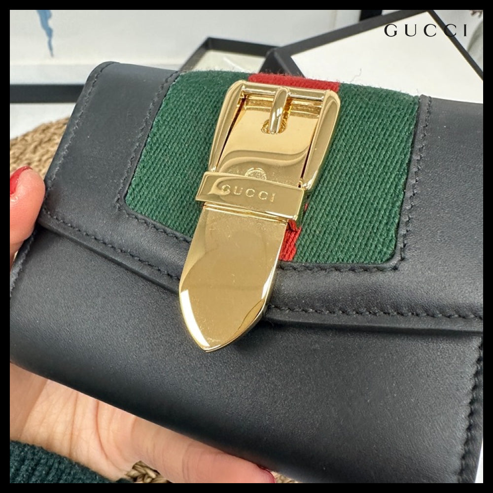 【GUCCI】Sylvie Web Leather Coin Pocket Wallet Black
