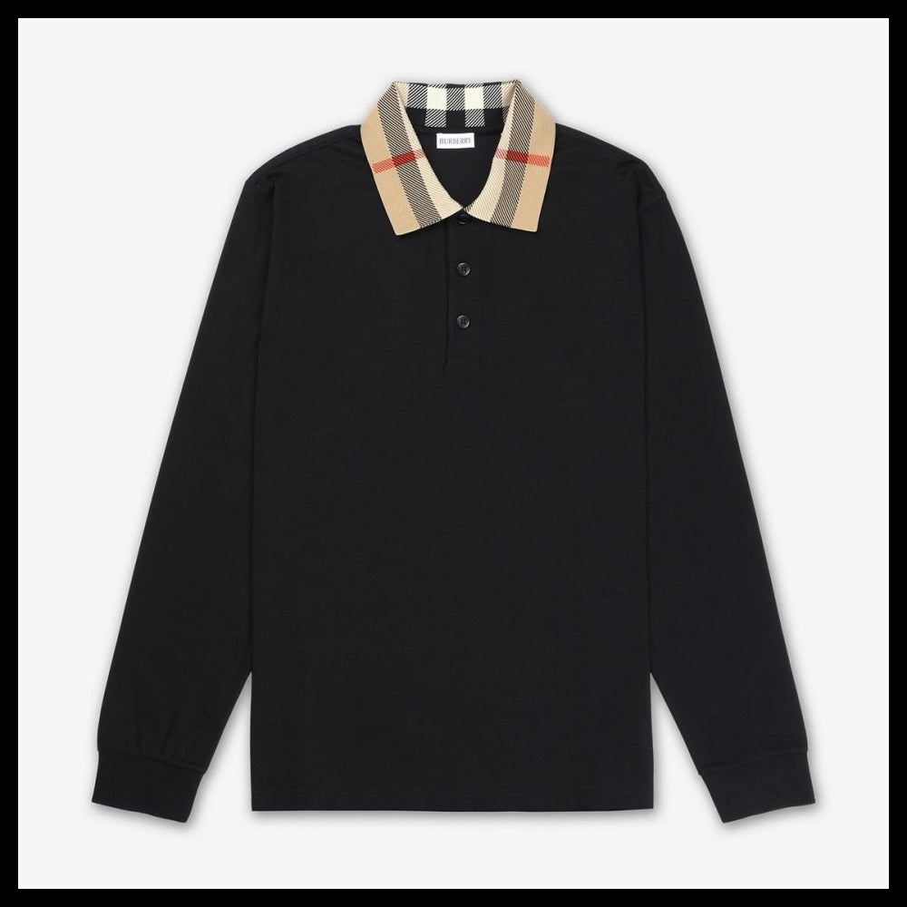 【Burberry】Check Collar Long Sleeve T Shirt Black