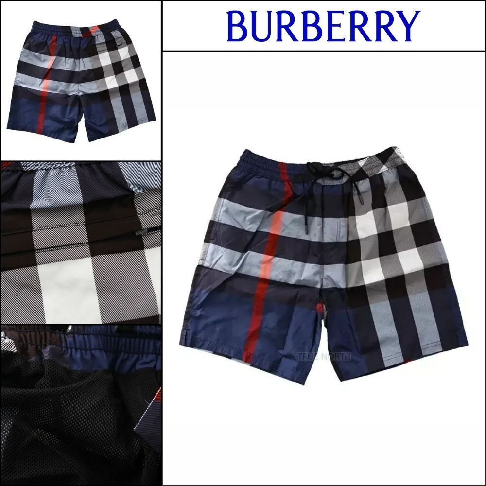 【Burberry】Men’s Drawstring Check Swim Pants Navy